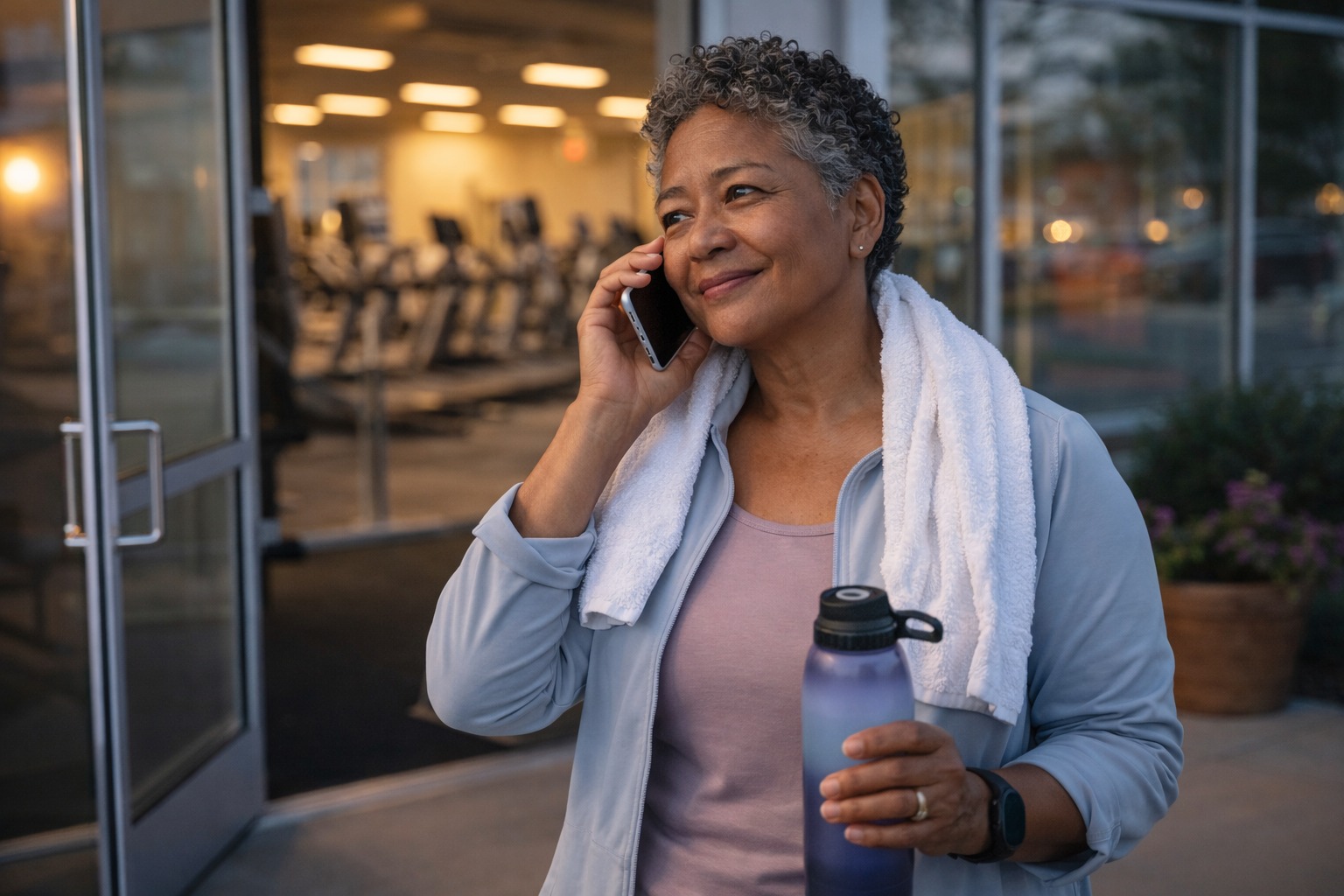 Woman talking on phone after a workout