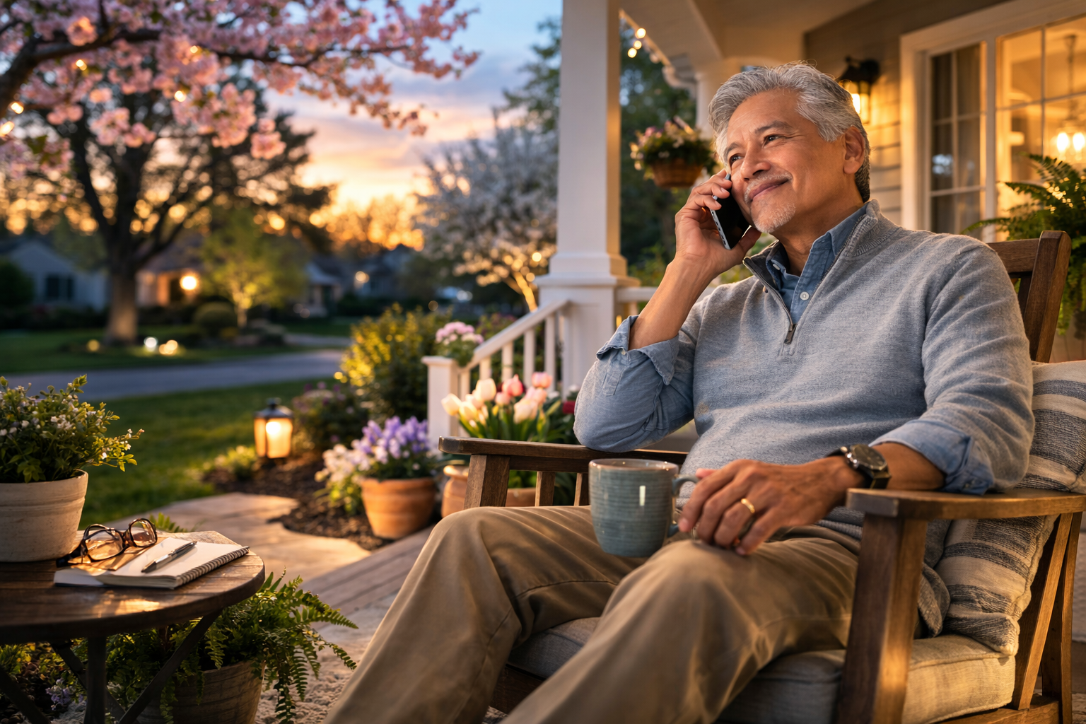 Man enjoying a phone conversation on a spring evening porch