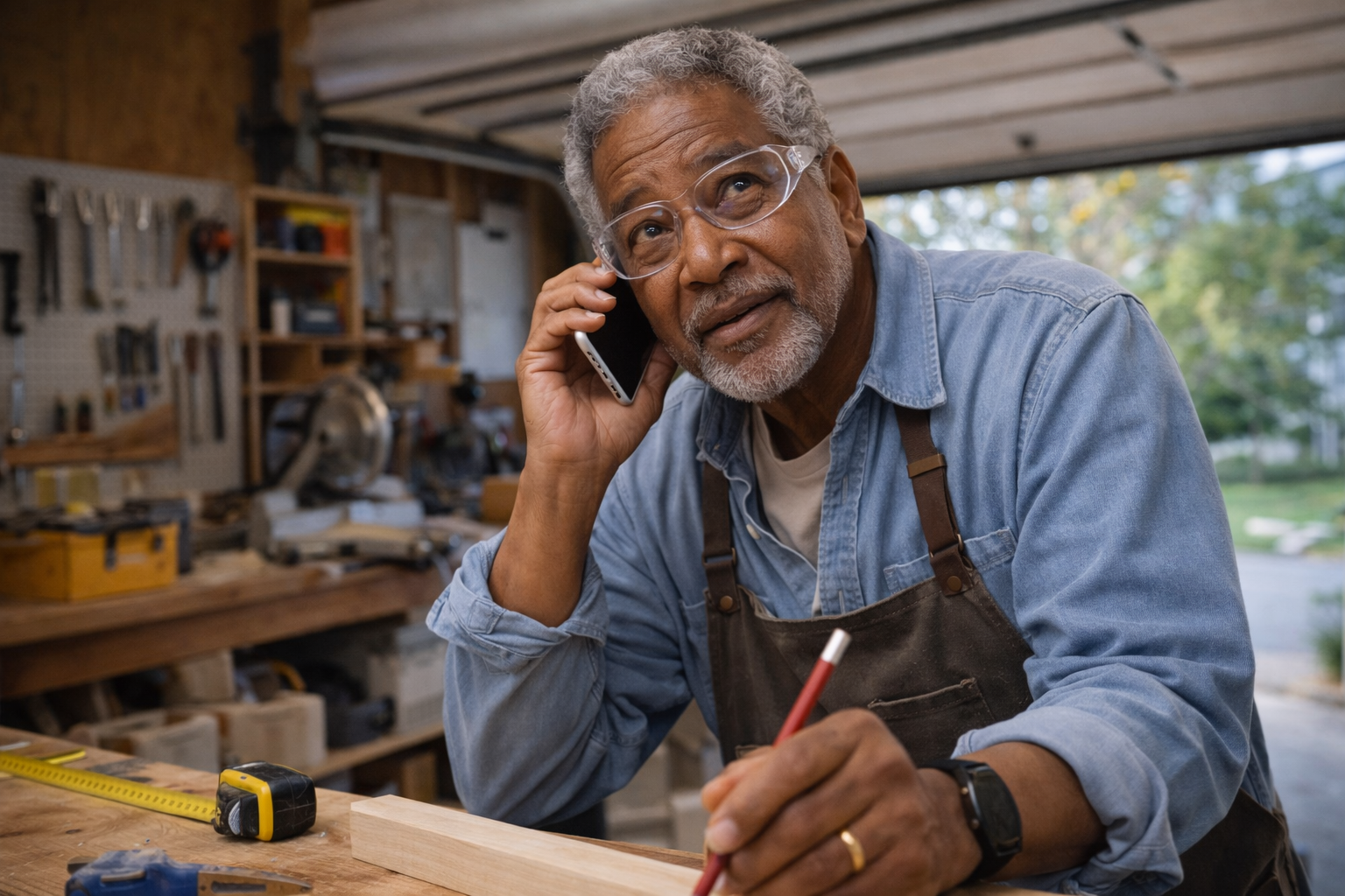 Man talking on phone in his workshop